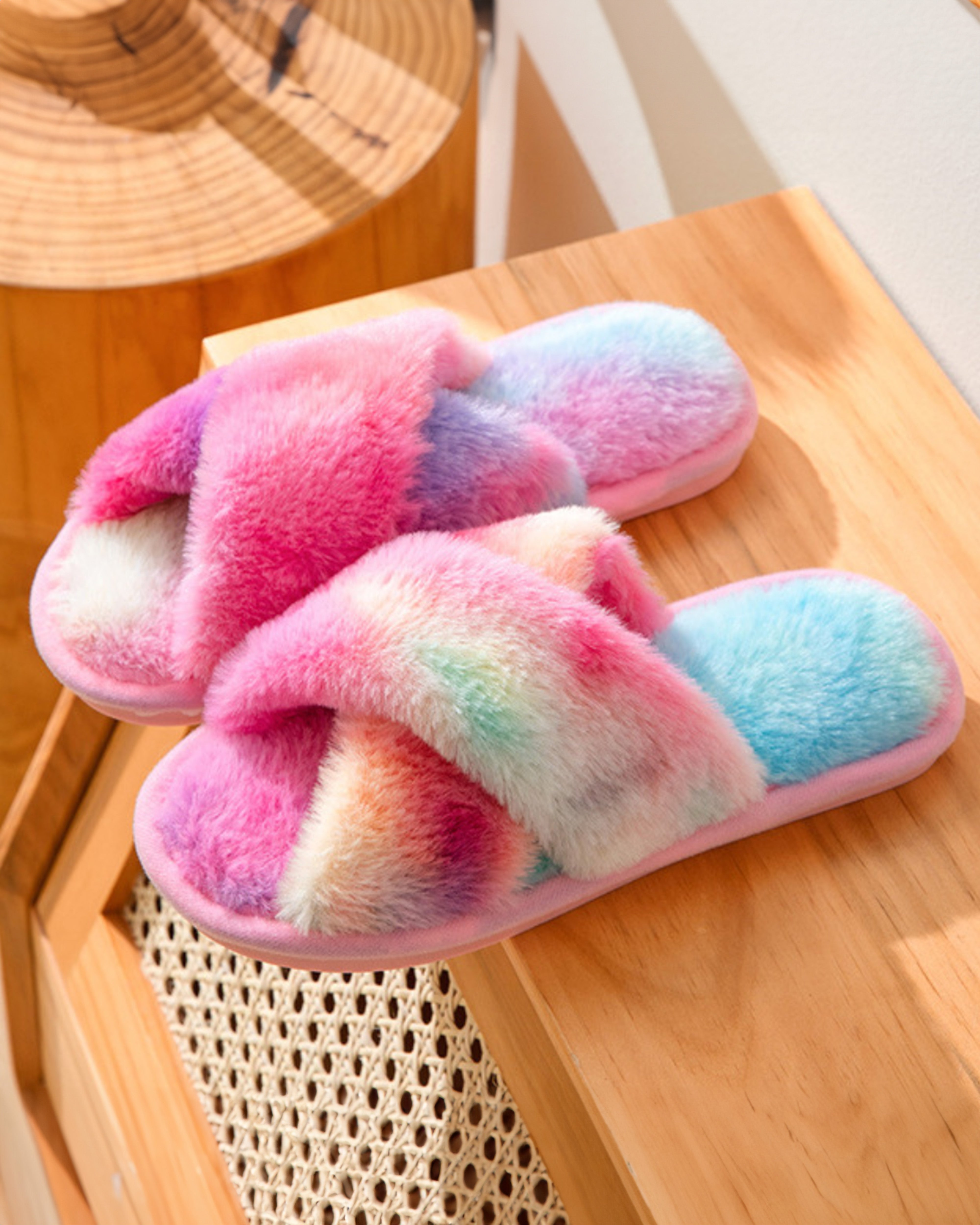 Rainbow fluffy slippers on sale